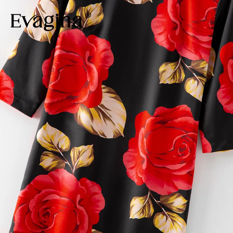 Evagina Modedesign Frühling Sommer Damen Bleistiftkleid Dreiviertelärmel Rosendruck Schlanke Kleider