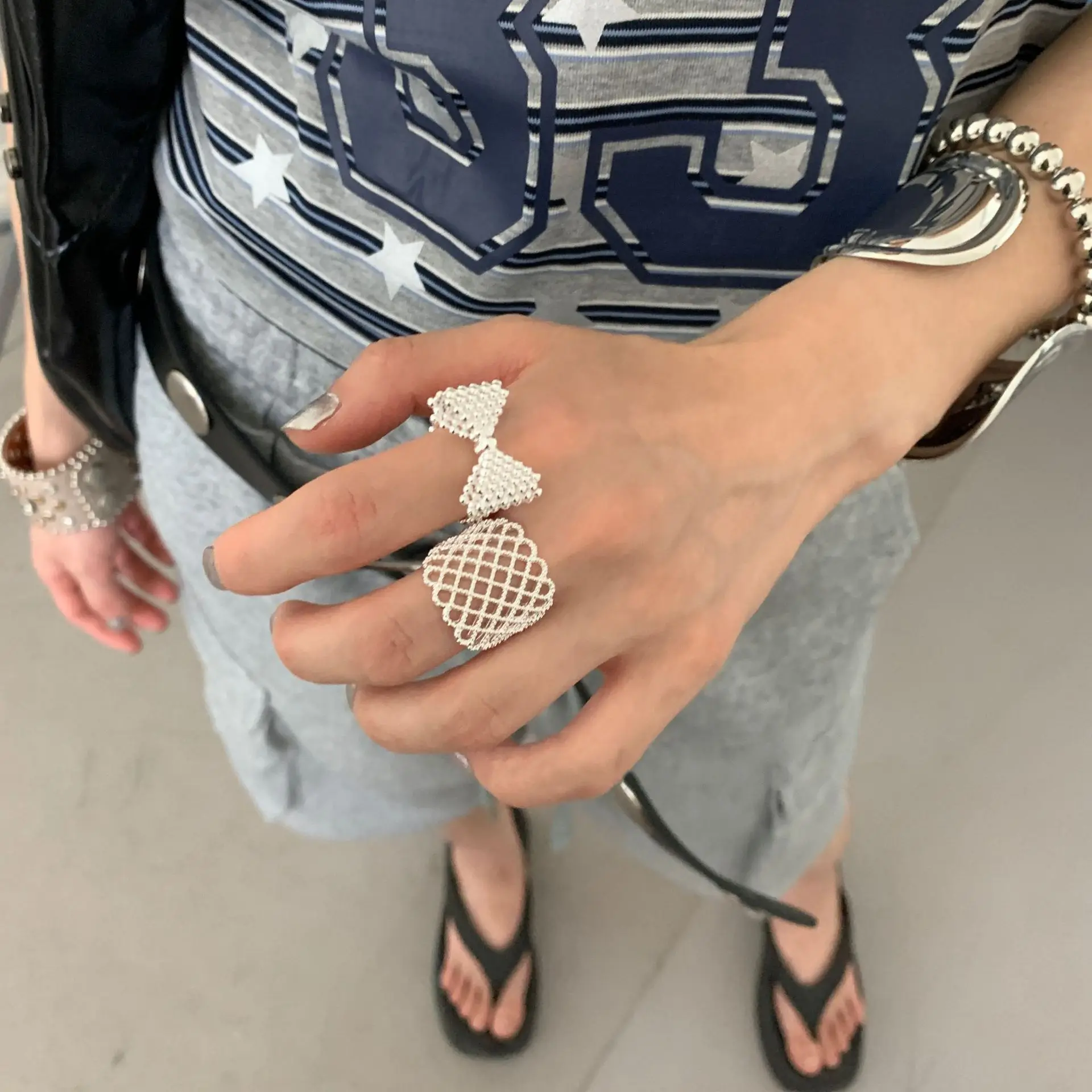 Sam Panda 925 Sterling Silver Sweet Cool Grid Ring For Women Simple Geometric Bow Versatile Jewelry Party Gift Dropshipping