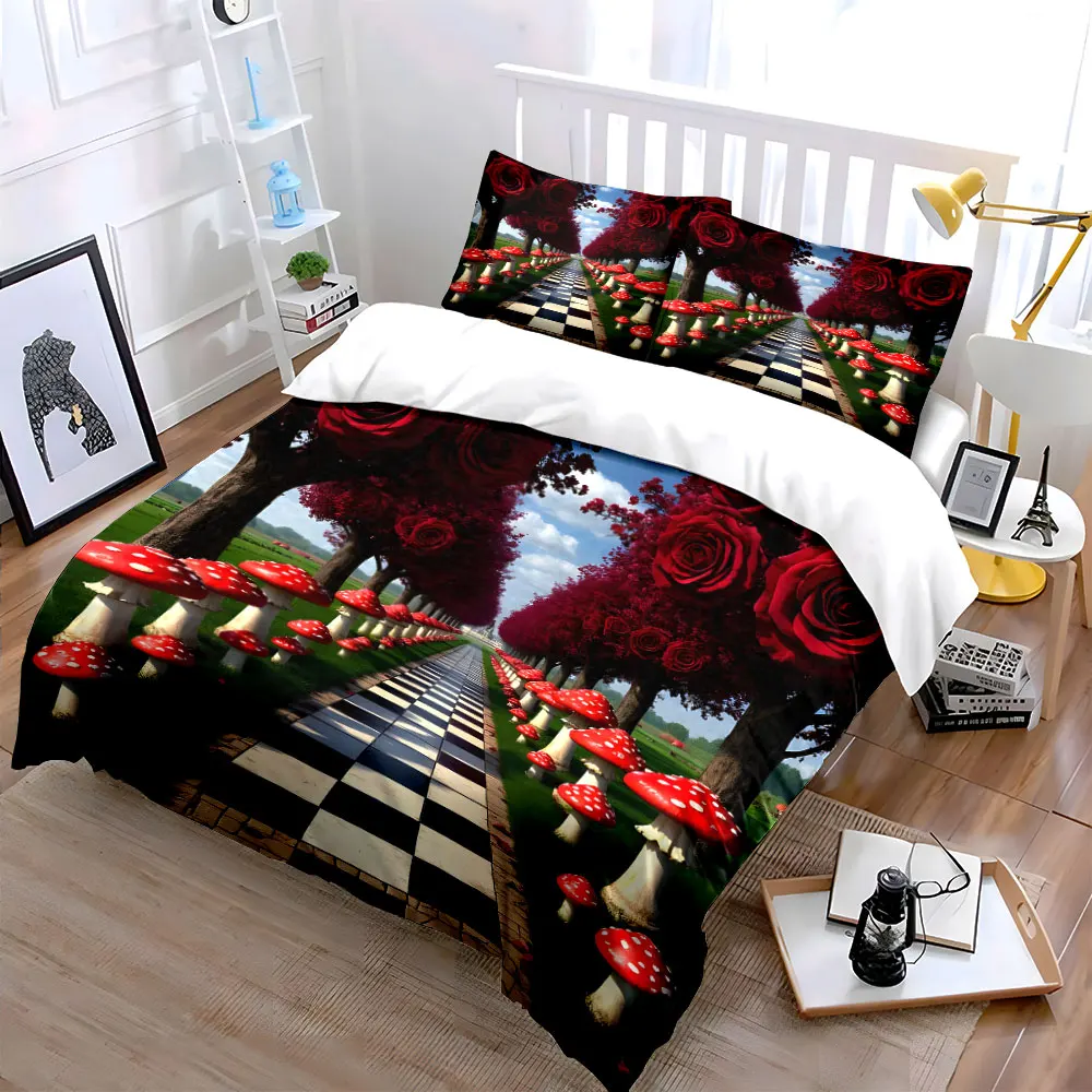 Red rose trees and mushroom path Print Bedding Set 1 Duvet Cover 2 Pillowcases for Adult and Children Luxury Gift Full Size