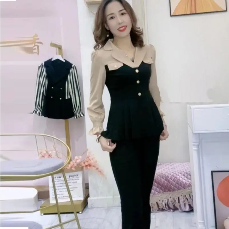 Women\'s New Versatile Set Covering the Belly and Slimming Off Fake Two-piece Top Pants Temperament Age Reducing Women\'s