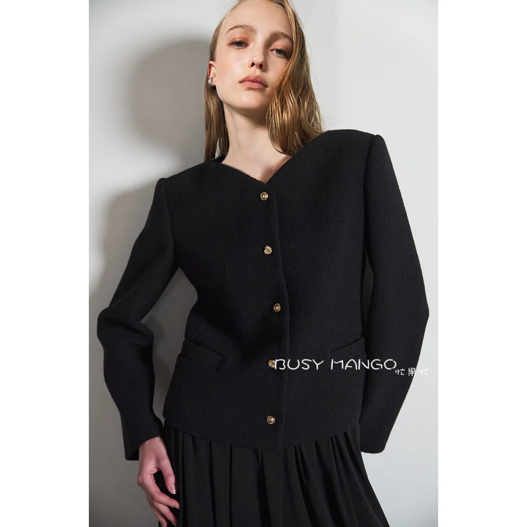 Slim Fit Short Coat Jacket Button up Commute Style Fashionable Top Layered Outerwear Women's Standard Size V-Neck Long Sleeve