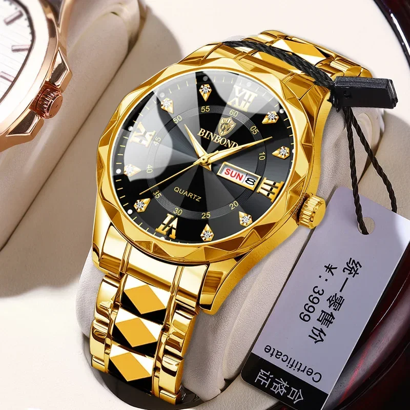 BINBOND мужские часы из нержавеющей стали, роскошные кварцевые часы высшего качества со скрытой застежкой, водонепроницаемые светящиеся спортивные наручные часы с датой недели