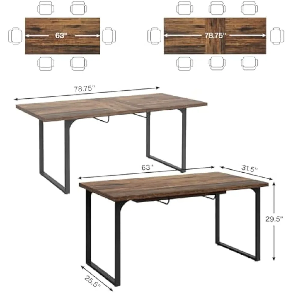 Extendable Dining Room Table for 6-8 People, 63-78.8 Wood Dinner Table with Metal Frame, Modern Expanding Table