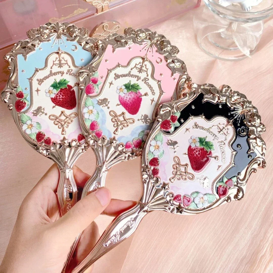 Flower Knows Strawberry Rococo Lip Glaze Hand-held Mirror Makeup Tool Portable Small Mirror to Carry Handle Mirror