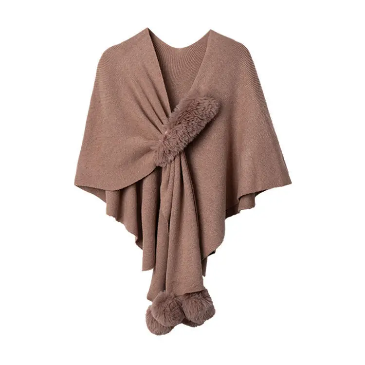 2024 New Autumn Women irregular Knitted Sweater Shawl With Faux Fur Pom pom Cashmere Sweater Cape Female Winter Pashmina Wraps