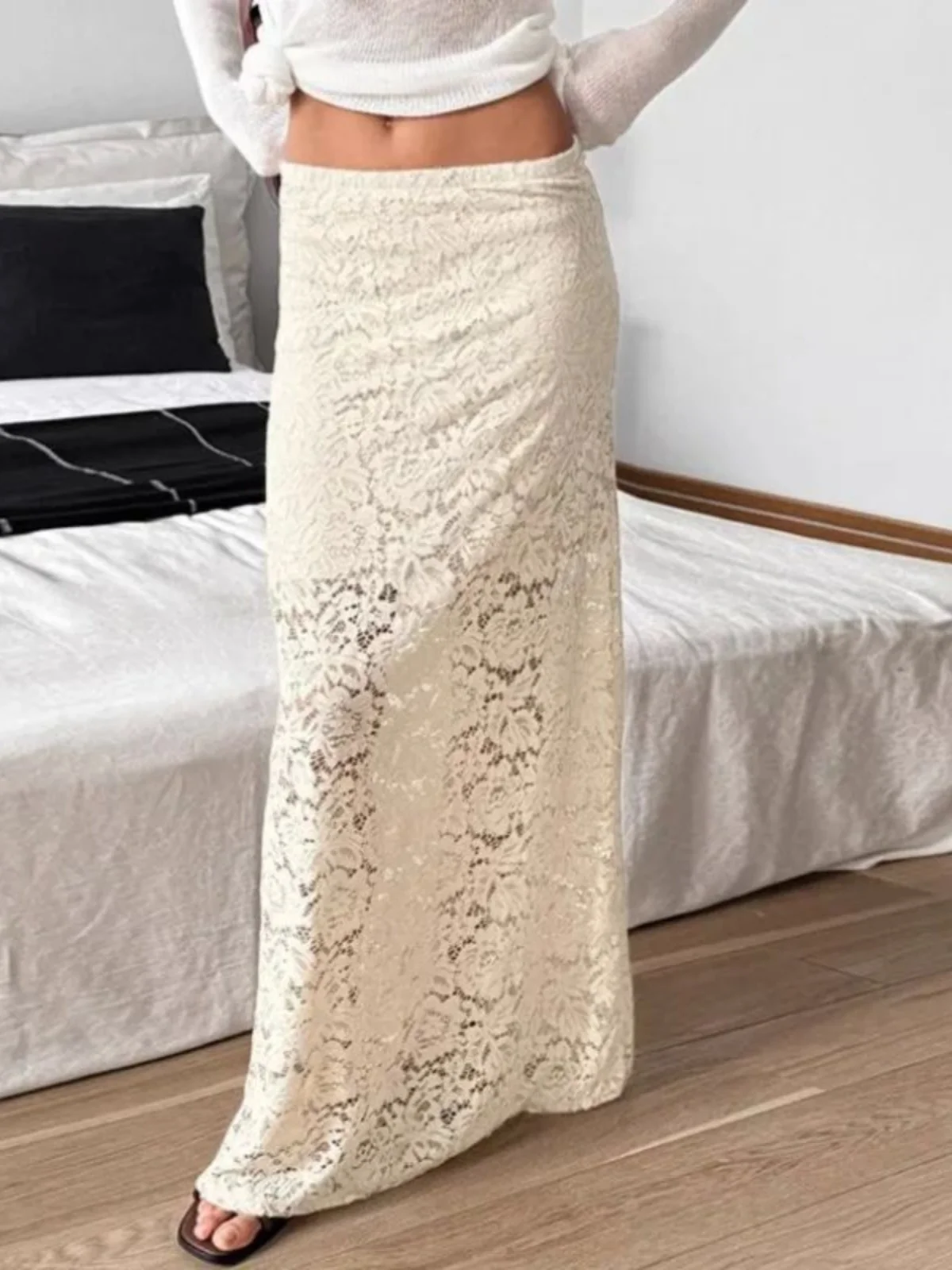 

Однотонная полая кружевная юбка длиной до пола, уличная длинная юбка трапециевидной формы с низкой талией для молодых женщин 8-24 лет