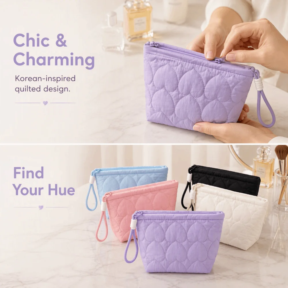 Large Capacity Cosmetic Bag Soft Inner Lining Heart Quilted Makeup Storage Bag Portable with Lanyard Daily Toiletry Bag Travel