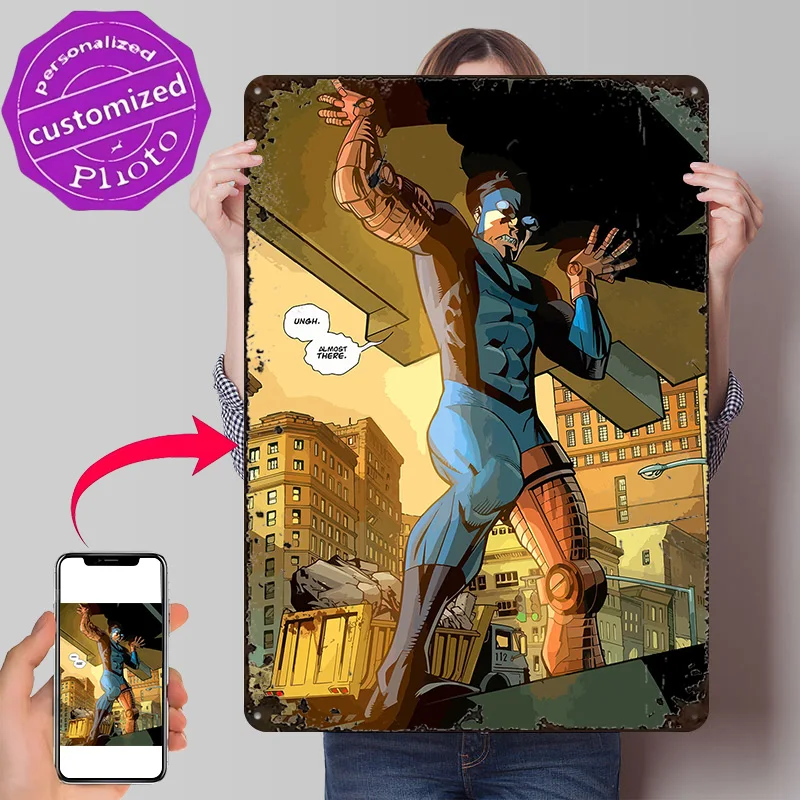 Superhero Lifting Debris in a City 3D Printed Texture Poster Personalized Wall Art Retro Metal Tin Signs for Vintage Decorations