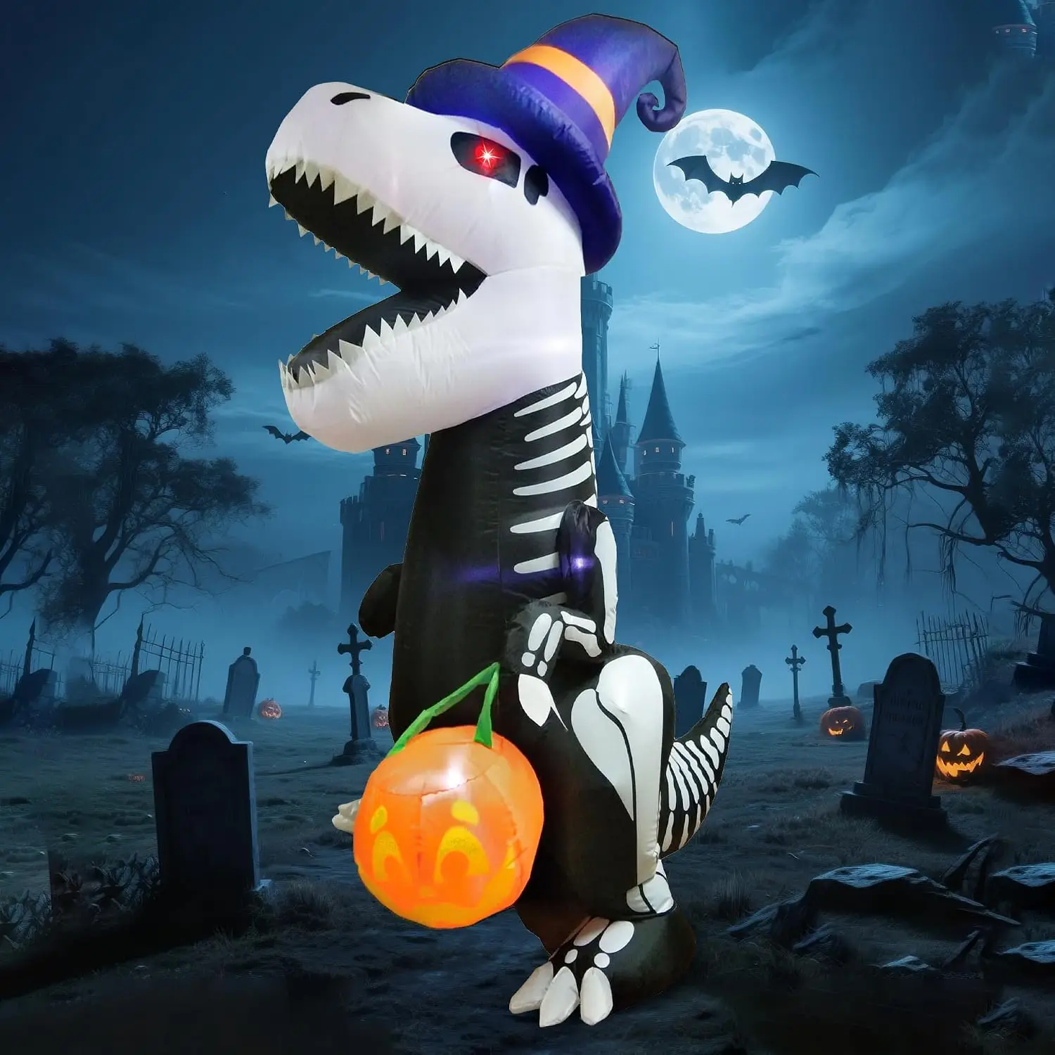 Halloween Inflatable Skeleton Dinosaur 8 FT with Pumpkin And Built-in LEDs Lighted Outdoor Yard Decorations for Halloween