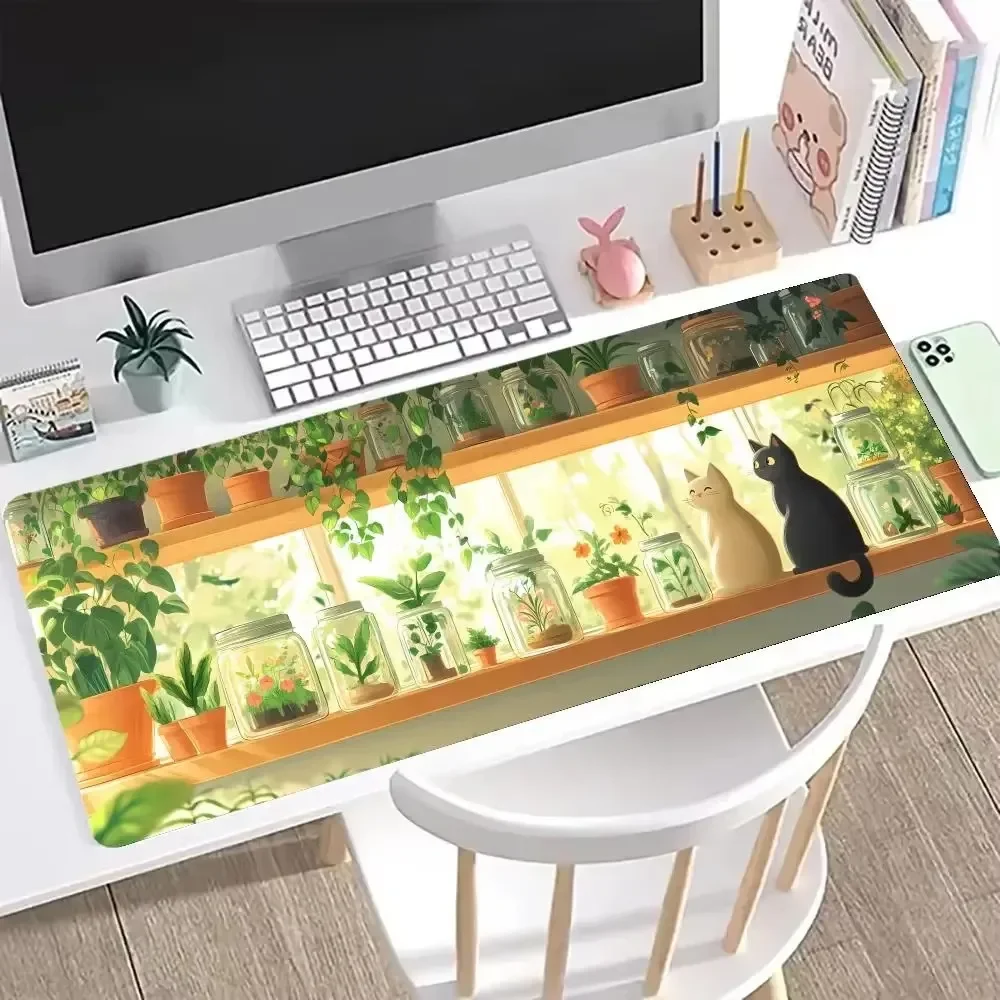 Cute Black Cat Green Plant Window Large Gaming Desk Mat Non Slip Rubber Mousepad For PC Keyboard Home Office Table Decor