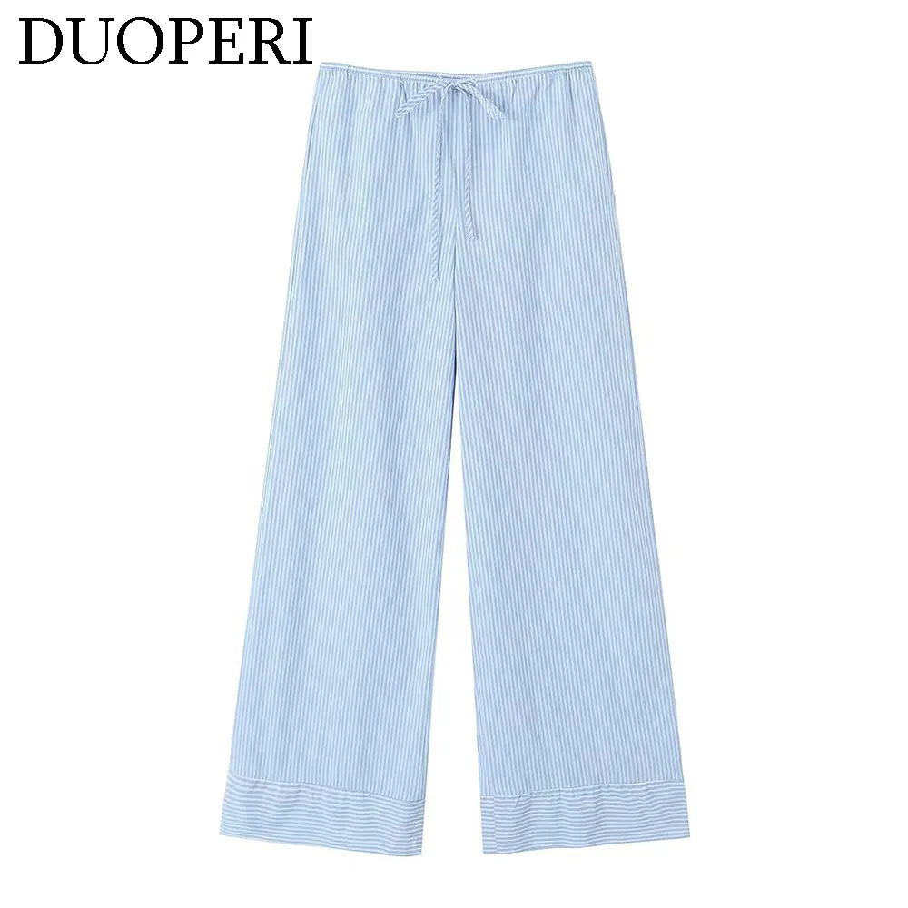 DUOPERI Women Fashion Striped Drawstring Casual Loose Trousers Elastic Waist Female Chic Lady Long Pant