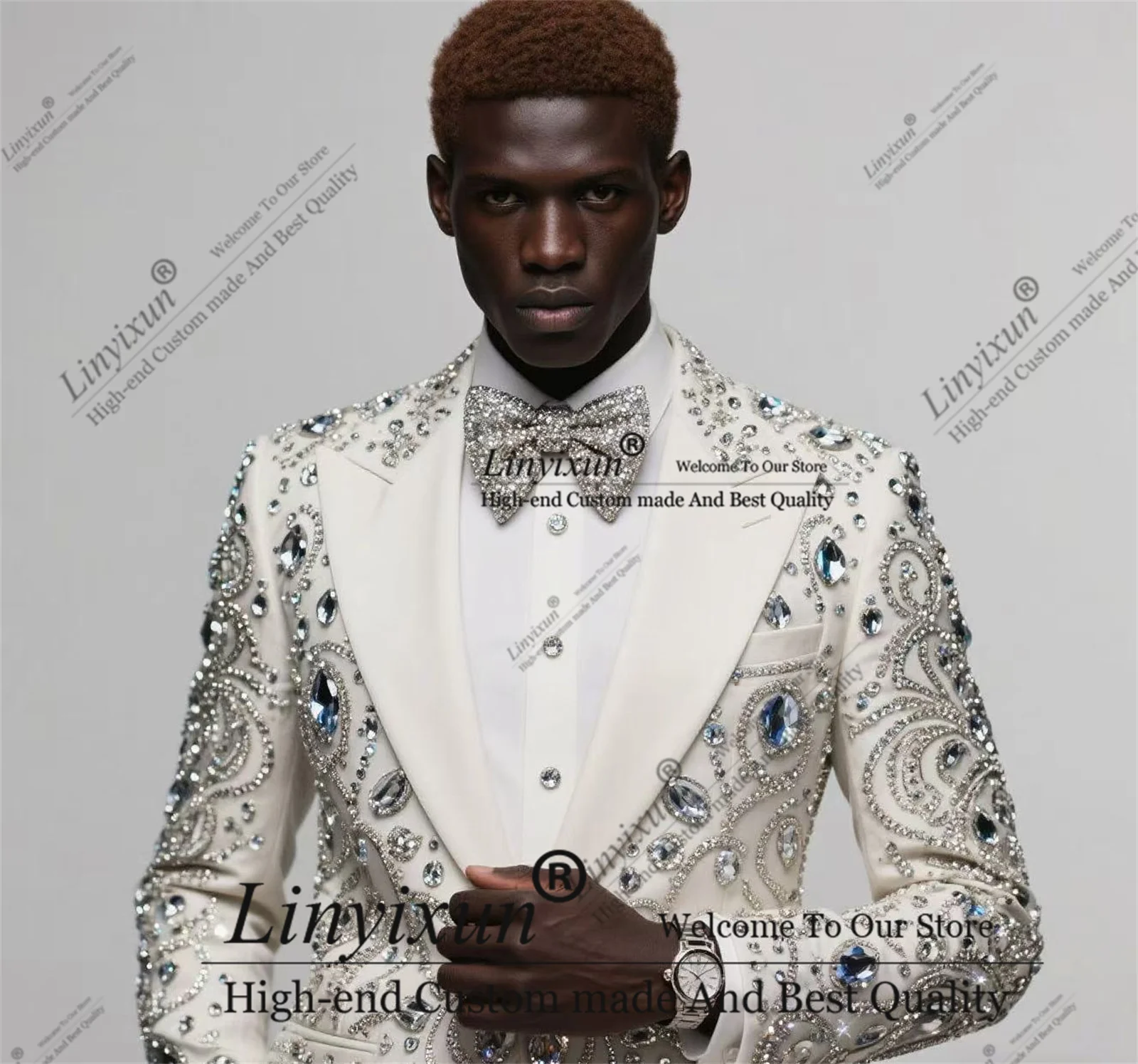 

Unique Design Diamond Beadeds Men Suits 2 Pieces Party Prom Blazer Customized Slim Fit Costume Homme Peaked Lapel Groom Tuxedos