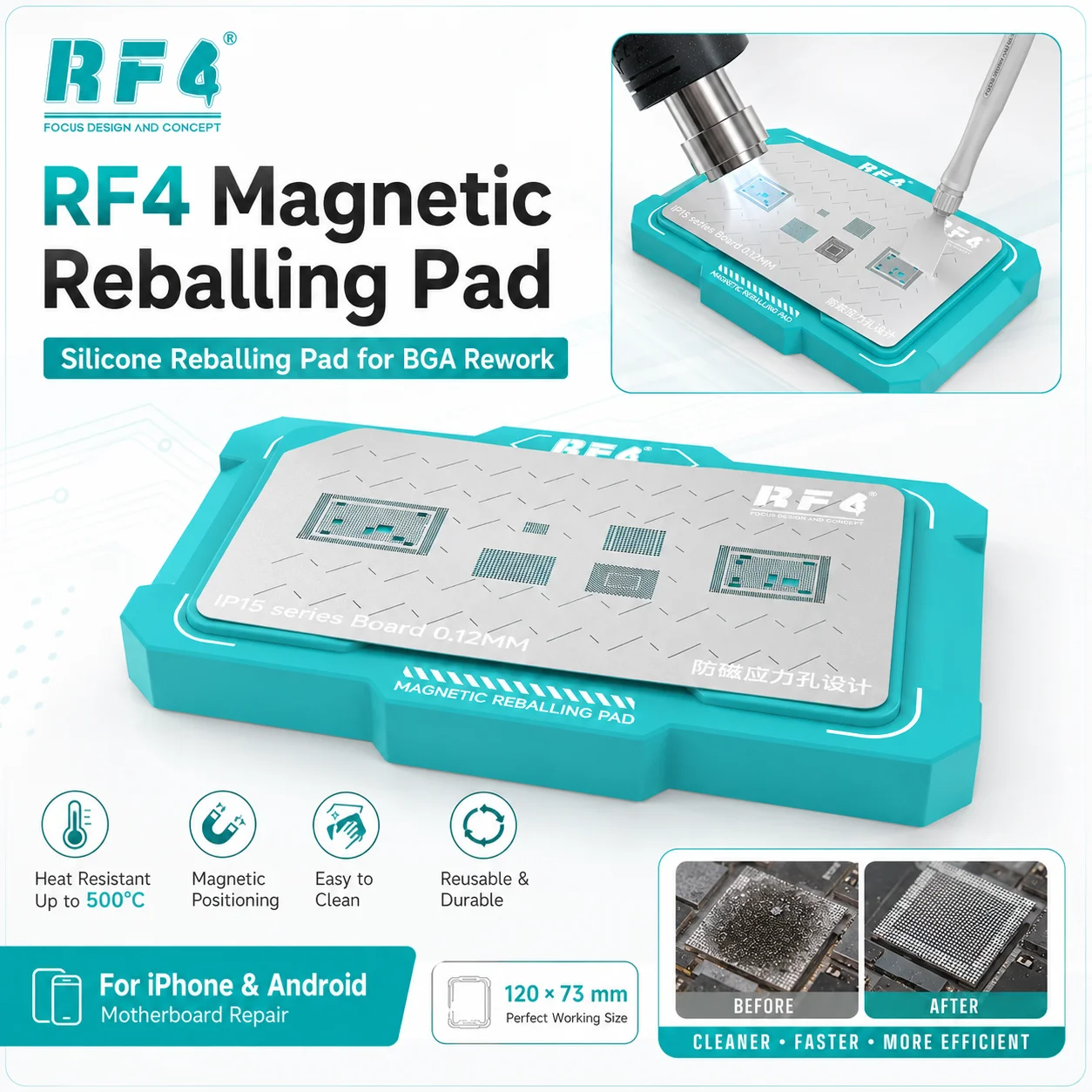 RF4 RF-MRP Magnetic Reballing Pad 500C Heat Resistant Silicone BGA IC Stencil for iPhone Android Motherboard Repair