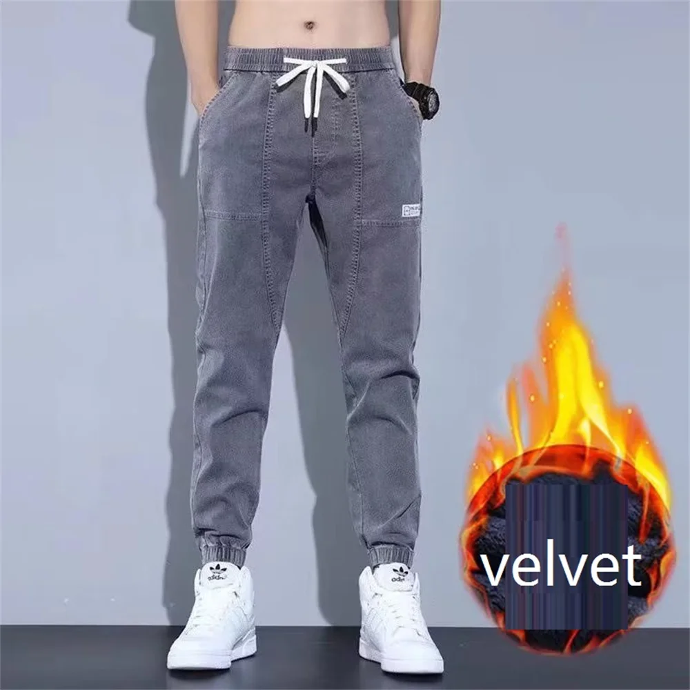 New Winter Thick Fleece Warm Cargo Jeans Men Black Denim Joggers Baggy Harem Pants Thermal Men Jeans Trousers pants size M - 5XL