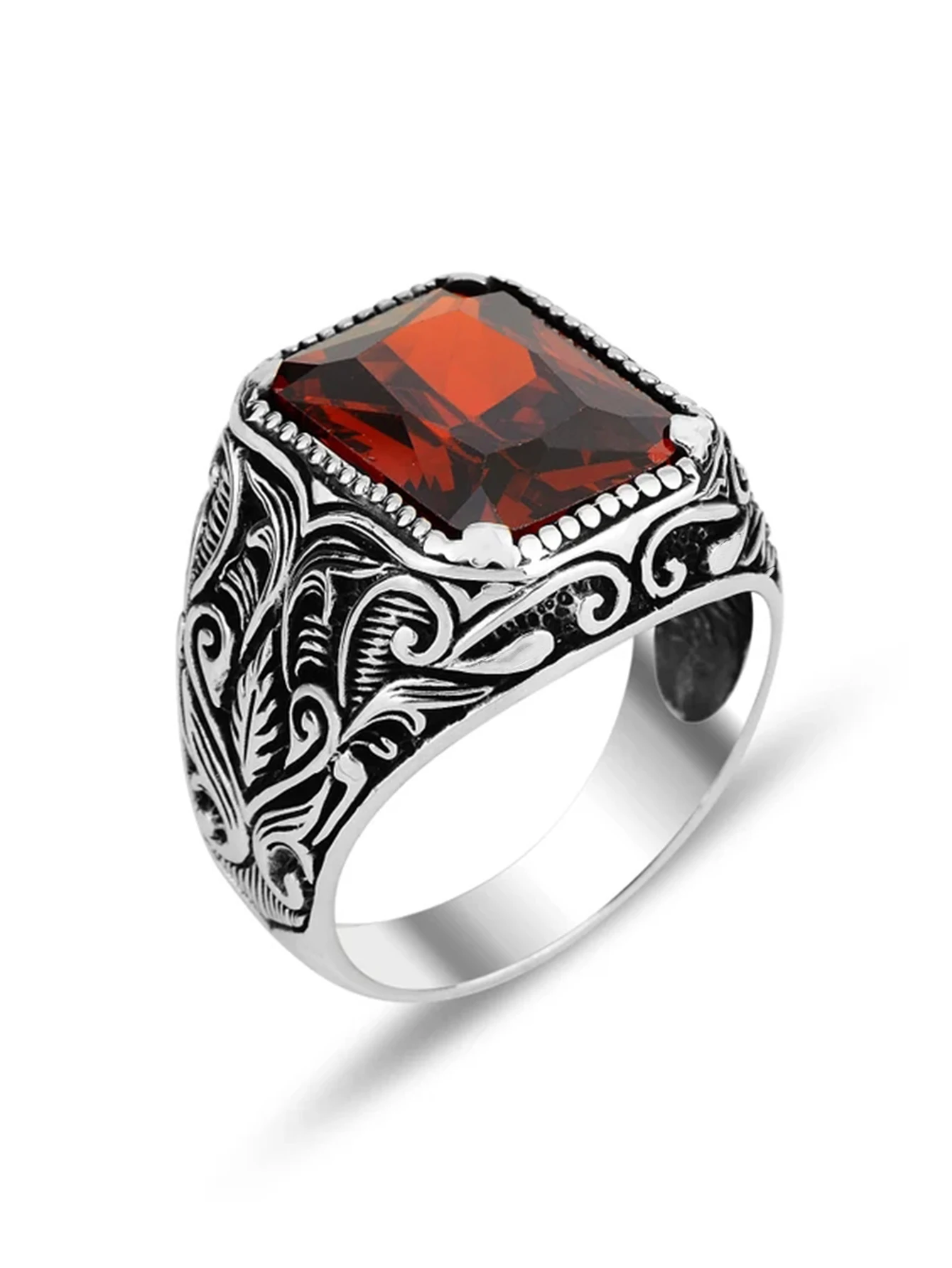 Vintage Handmade Turkish Signet Ring For Men Women Ancient Silver Color Carved Ring Red Yellow Zircon Inlay Punk Motor Biker