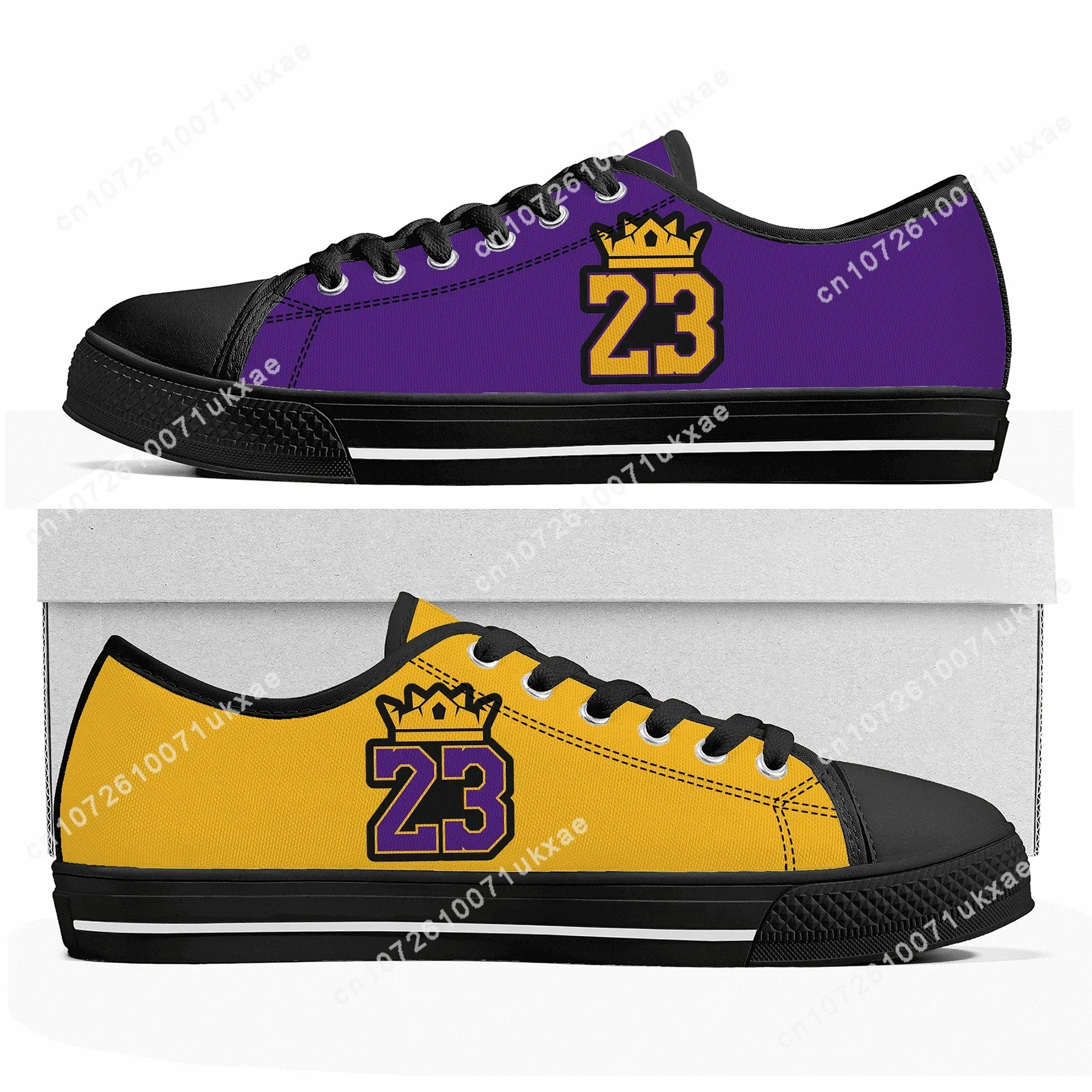 Tênis James-Los Angeles Rei do Basquete para homens e mulheres, tênis Low Top, tênis de lona dourado e roxo, sapatos casuais para adolescentes, número 23, 6