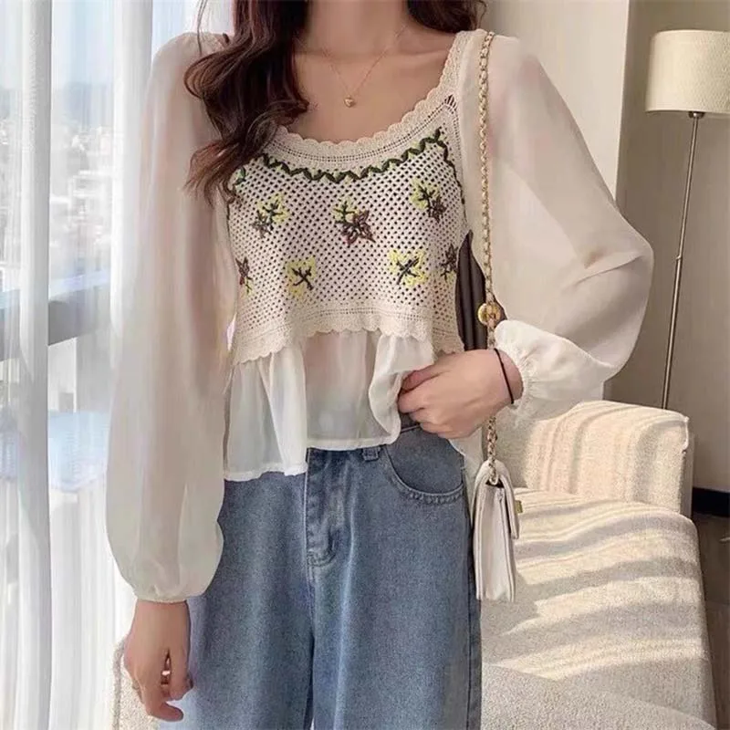 Boring Honey Knitted Chiffon Pullover Long-Sleeved T-Shirt Women Embroidered All-Match Top Summer Thin Bohemian National Style 2