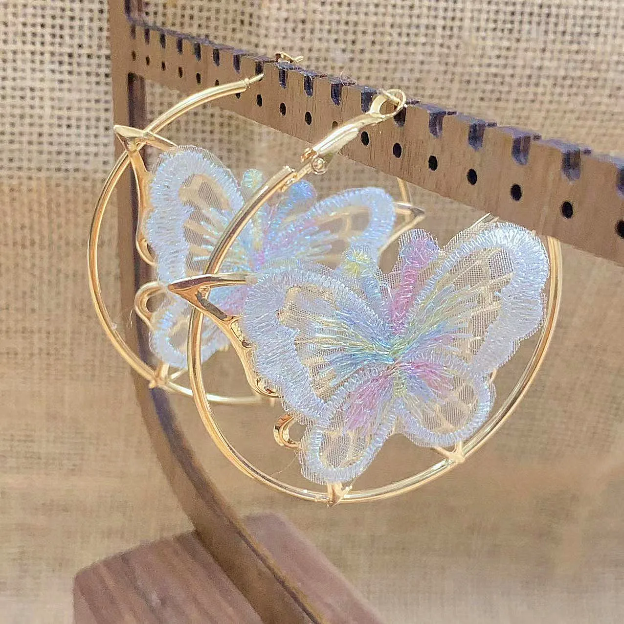 Butterfly Lace Hoop Earrings, Round Ring Ear Jewelry, Boho Cute Style Big Circle Earrings For Women  Daily Wear Female Gifts