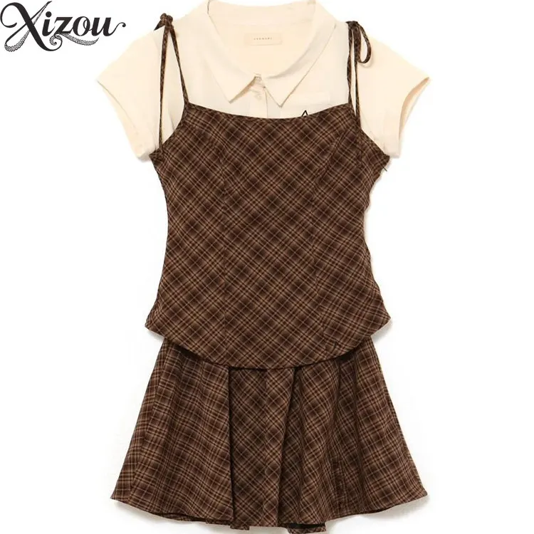 Conjuntos de 3 piezas para mujer, camisa de manga corta de estilo japonés + camisola a cuadros + falda a cuadros, traje informal elegante para mujer de verano