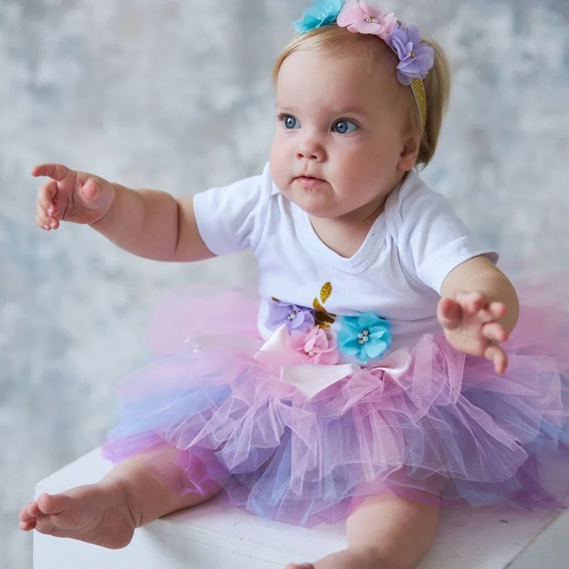 It\'s My 1st Birthday Baby Girls Rainbow Unicorn Outfit Cake Smash Outfit Birthday Party Shirt Tutu + Baby Bodysuits Dress Set