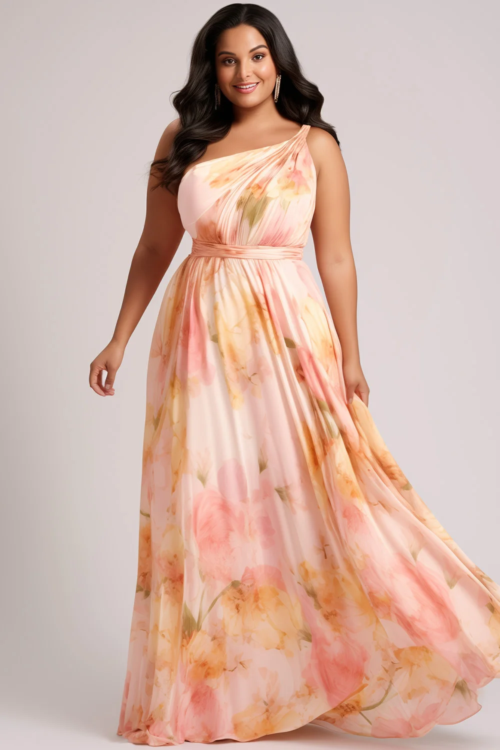 

Flycurvy Plus Size Wedding Guest Pink Chiffon Floral Print One Shoulder Maxi Dress