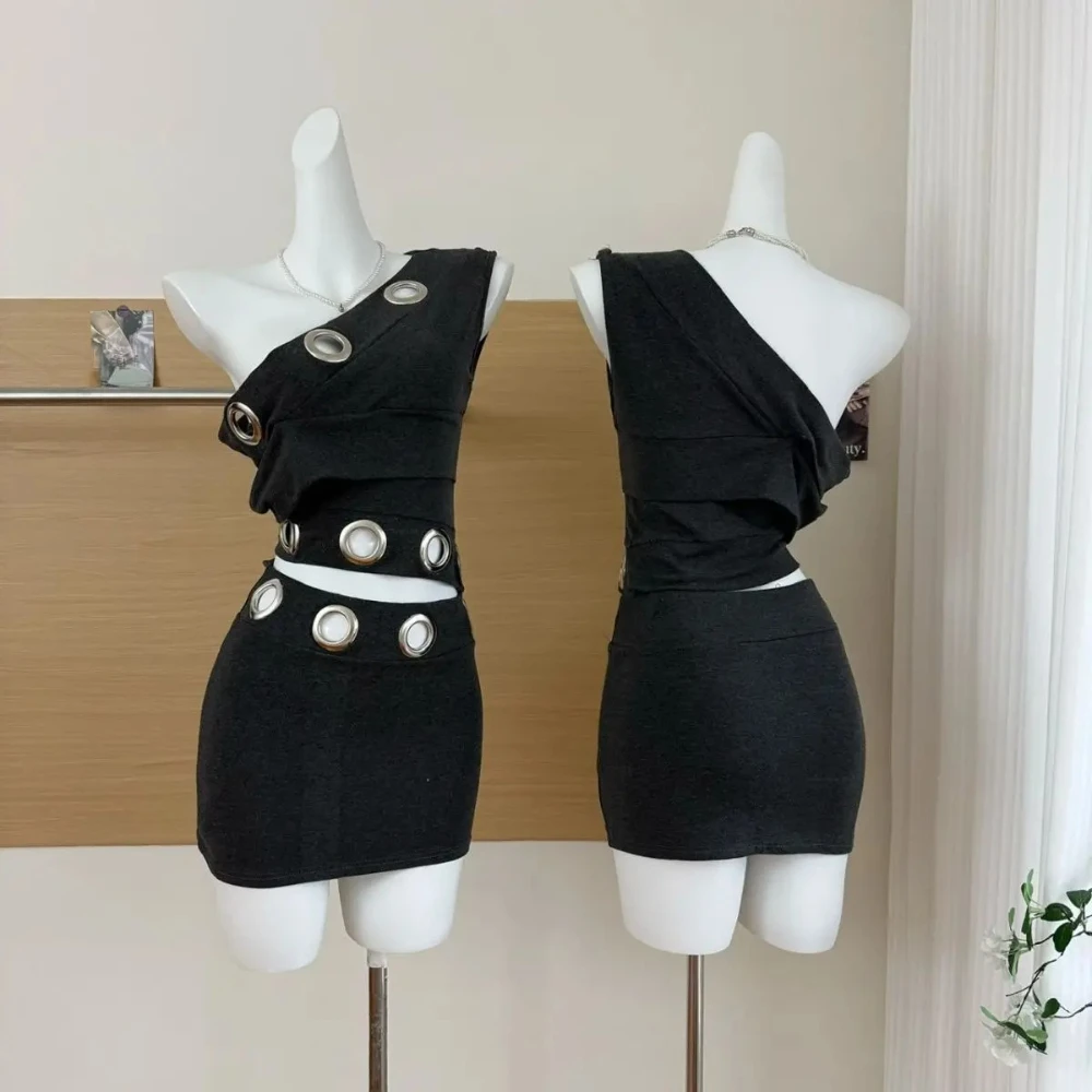 

2025 Summer Irregular Sexy Design Crop Tops +High Waist Bodycon Mini New 2 Piece Sets Women Off Shoulder Dress Party fgg3g