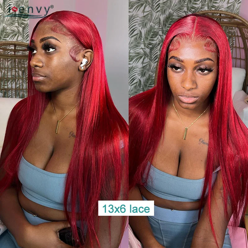 Cherry Red Lace Frontal Wigs Pre Plucked Bone Straight Hd Transparent Lace Front Wig For Women 32'' Burgundy 99J Human Hair Wigs