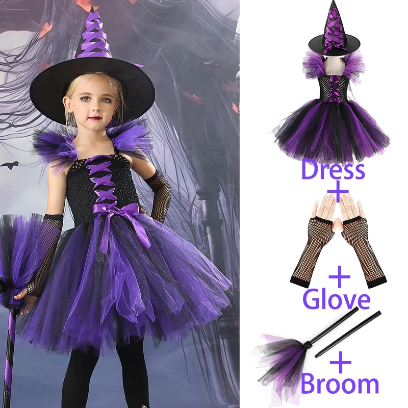 

Girls Cosplay Halloween Evil Witch Purple Mesh Dress Girl Carnival Party Costume With Hat Broom Disguise Fancy Clothes For Kids