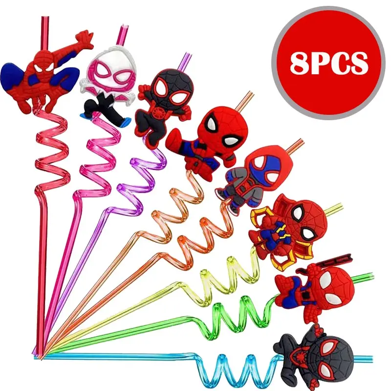 8pcs Spiderman Straws For Kids Cartoon Spiderman Theme Reusable Drinking Straws Birthday Decoration Party Supplies Baby Shower