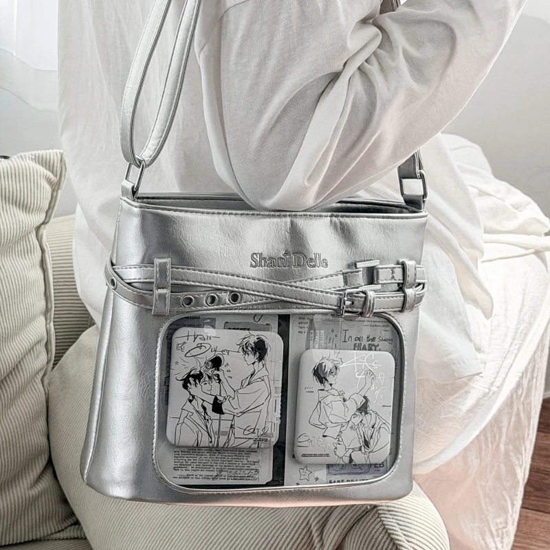 Solid Color PU Leather Square Ita Bag With Transparent Window Fashion Motorcycle Style Shoulder Bag Doll Display Crossbody Bag