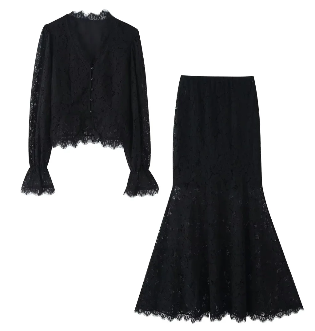 Mingmingxi Elegant White eyelash lace Lace Two Piece Set Autumn Long Sleeve Crop Top and Mermaid Skirt Women Matching Sets
