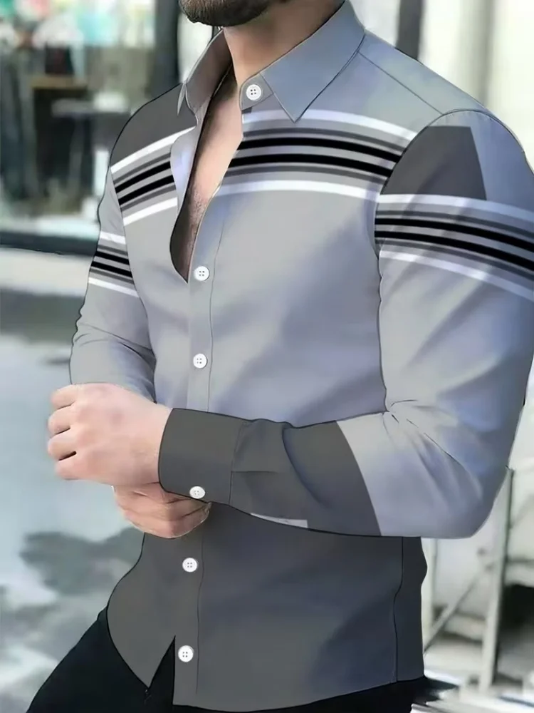 Men's long sleeved lapel shirt with irregular geometric line printing, trendy and comfortable, versatile and casual loose top