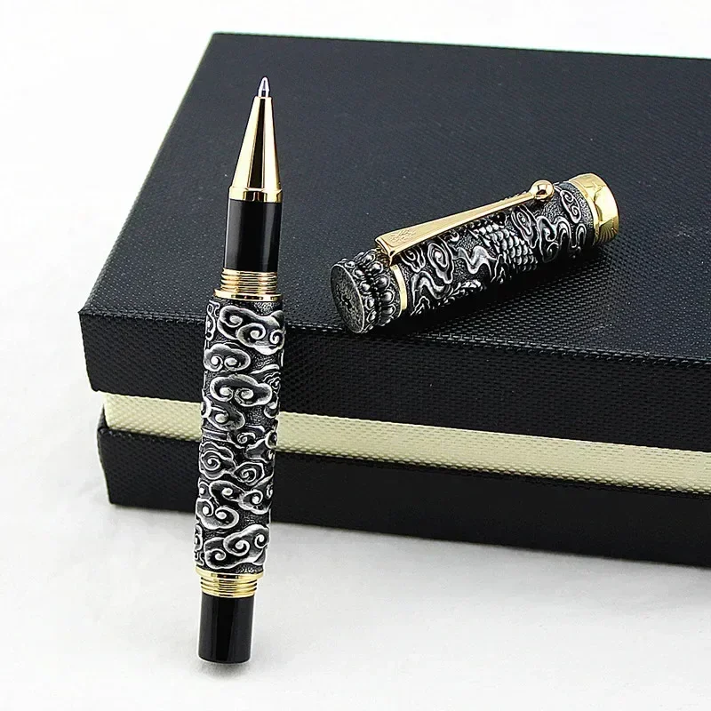 New Jinhao Vintage Rollerball Pen Dragon Playing Pearl, Ancient Gray Metal Carving Embossing Heavy Pen Leather Gift Box Selectio