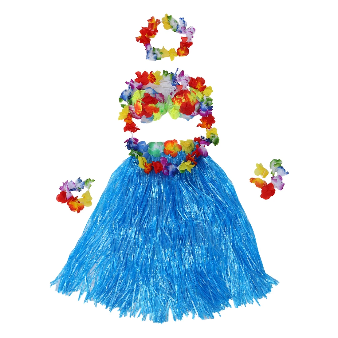 6 Set Hawaiian Grass Skirt Flower Hula Lei Wristband Garland Fancy Dress Costume - Blue