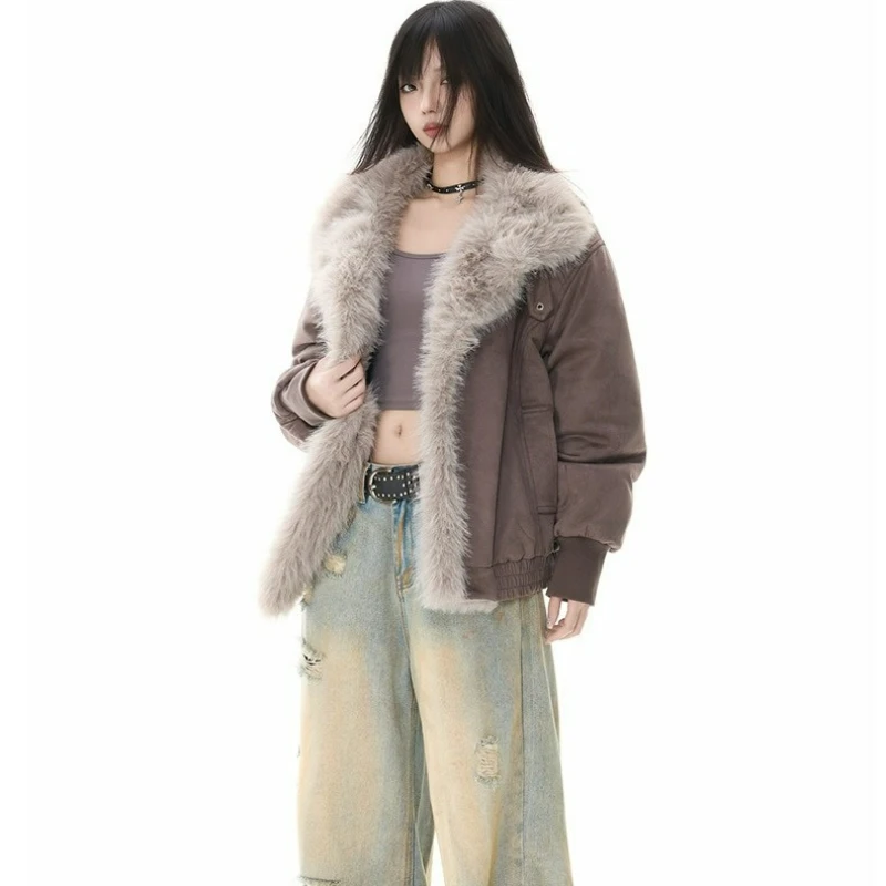 

2026 Autumn Winter New Fashionable Loose Cotton-padded Warm Jacket American-style Black Wool-neck Cotton-padded Jacket for Women