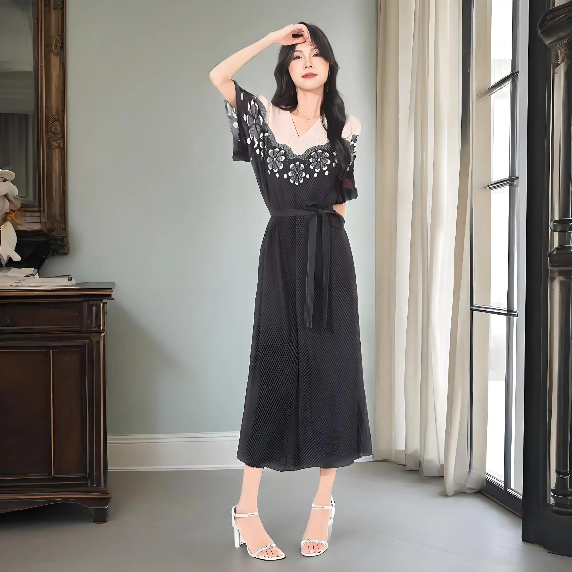 

Miyake Summer Pleated Printed V-Neck Flared Sleeve Fashion Dress Women's Design Sense Strap Waist Skinny Pleated Long Dress