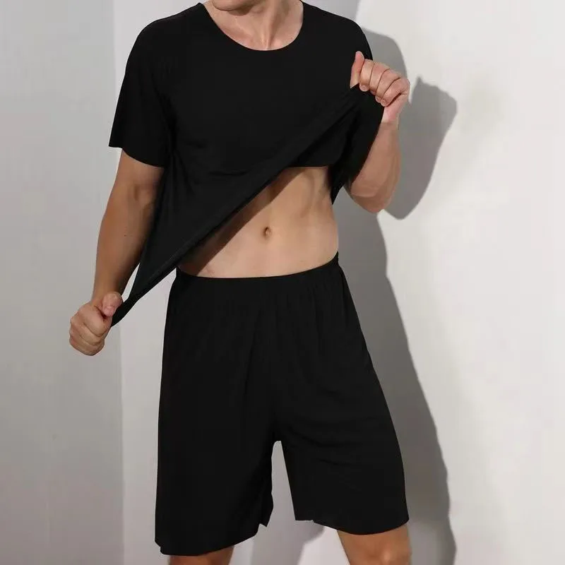Large Size Men Pajamas Set Ice Silk Sense Round Neck Solid Colour Short Sleeve T-Shirt Student Short Sleeve Shorts Two-Piece Set