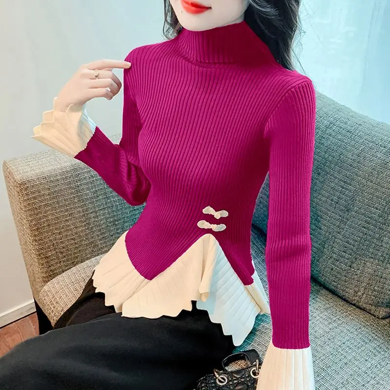 Women Autumn Winter Fashion Irregular Slim Patchwork Mock Neck Long Sleeve Knitwear Ladies Temperament All-match Knitting Tops