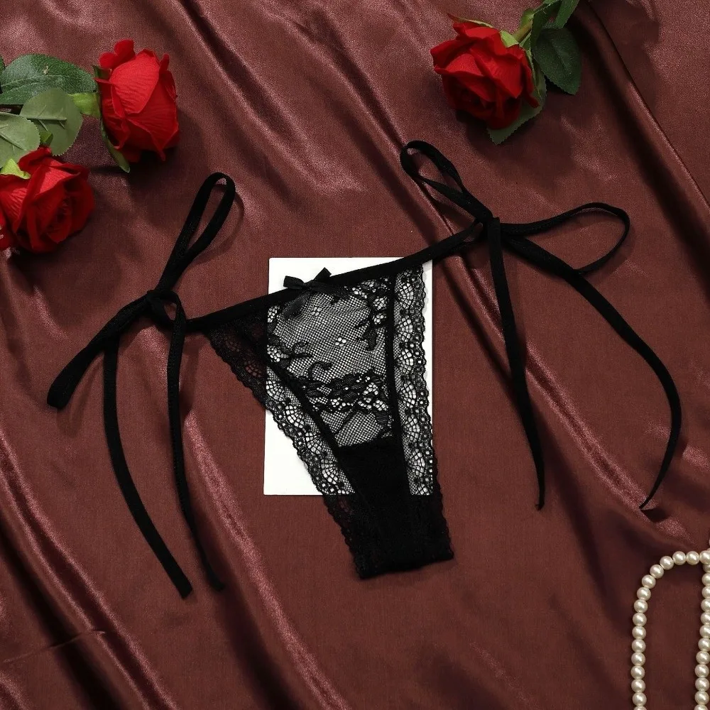 Low Waist Straps Mesh Floral Panties Adjustable Waist Strap Bow Patchwork Lace Flower Transparent Briefs Seamless