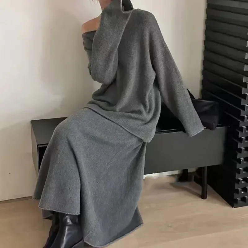 

Matching Korean Fashion Women’s Clothing Two Piece Sets Womens Outifits Autumn Solid Knitted Sweater A-Line Elastic Skirt Sets
