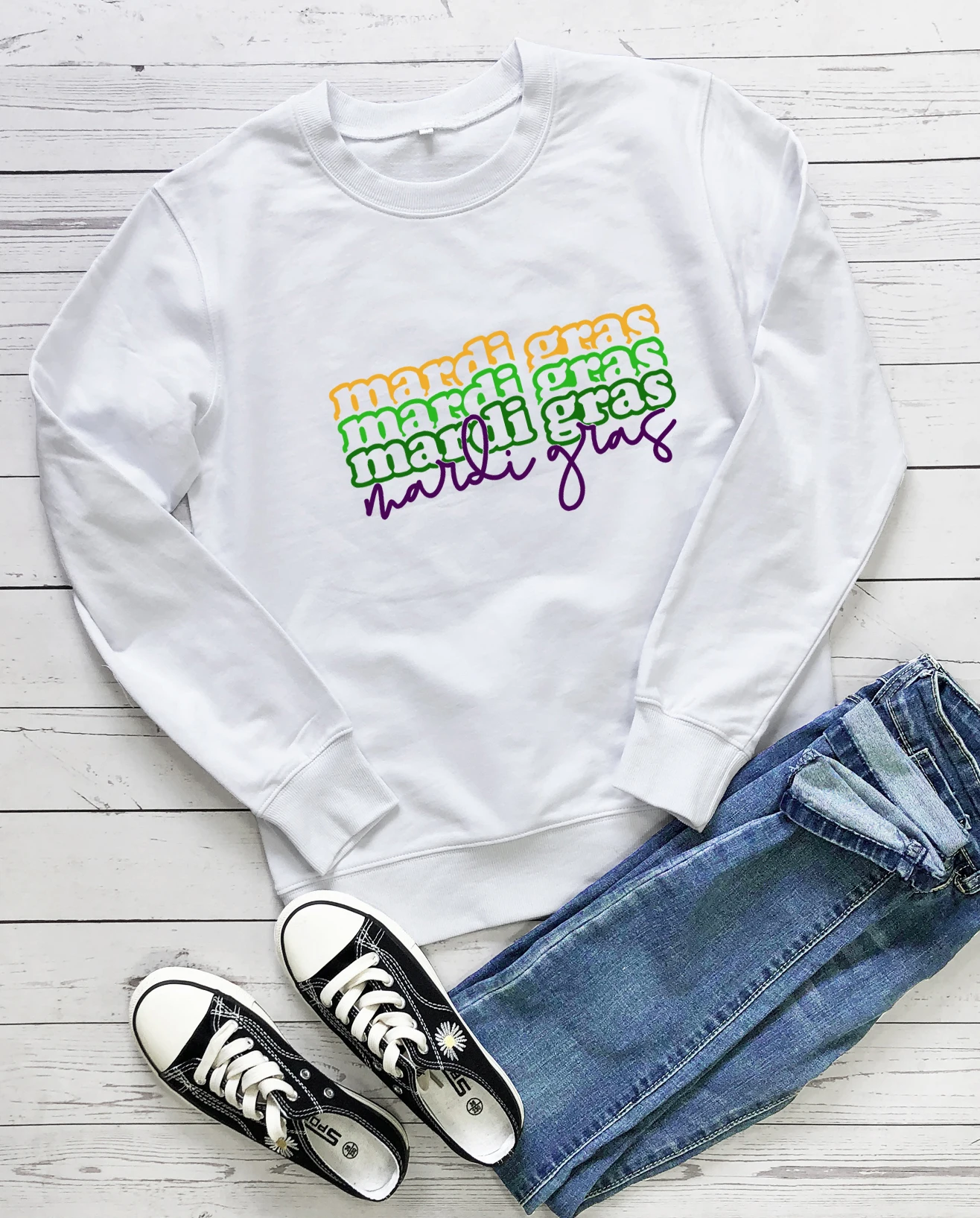 Mardi Gras Colored Sweatshirt Lips Fleur De Lis Long Sleeve Pullovers Women fashion casual 100%cotton Tops