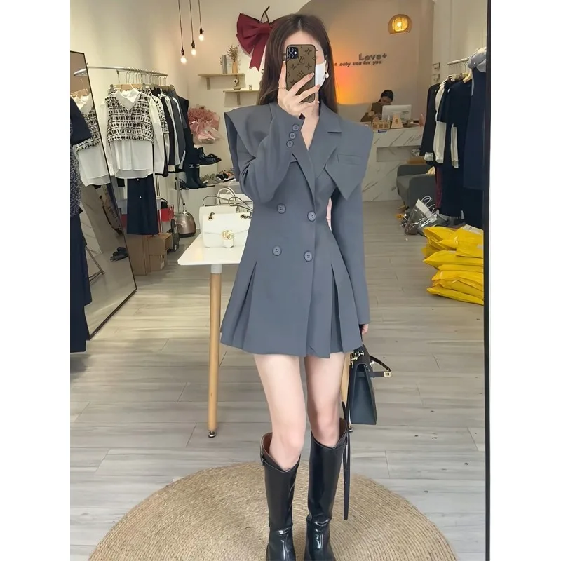 Insozkdg klassische Mode zweireihige schlanke schwarze Dame eine Linie Blazer Kleid Francais lässige Streetwear 2024 Frühling Mini kleider