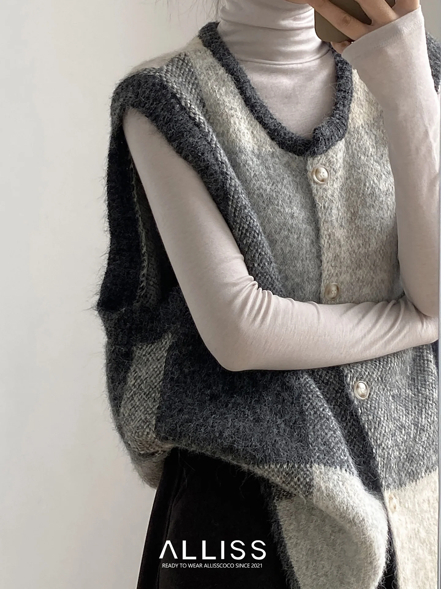 Retro kleur blo geruit gebreid vest dames losse ronde Ne Svel trui vest open vest oulder top