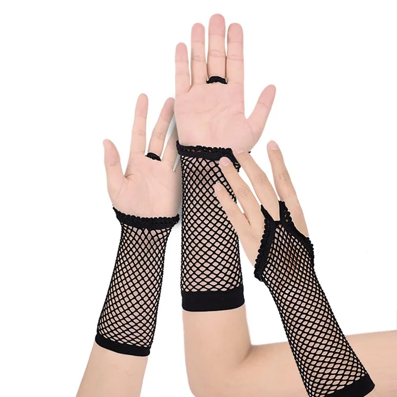 Sexy Black Elastic Half Finger Hollow Fishnet Gloves Female Long Sunscreen Sleeve Cosplay Stage Performance Fingerless Mittens