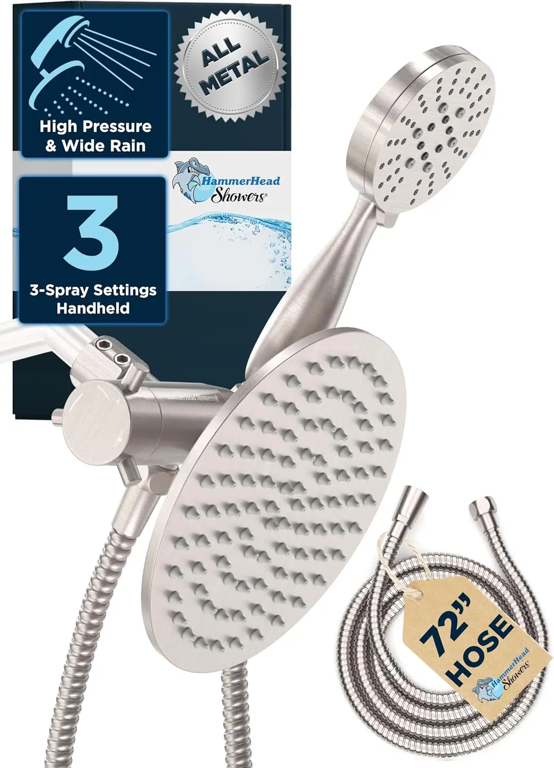 

HammerHead Showers® ALL METAL Dual Shower Head Combo – BRUSHED NICKEL – 8 Inch Rainfall High Flow Shower Head & 3-Flow Handheld