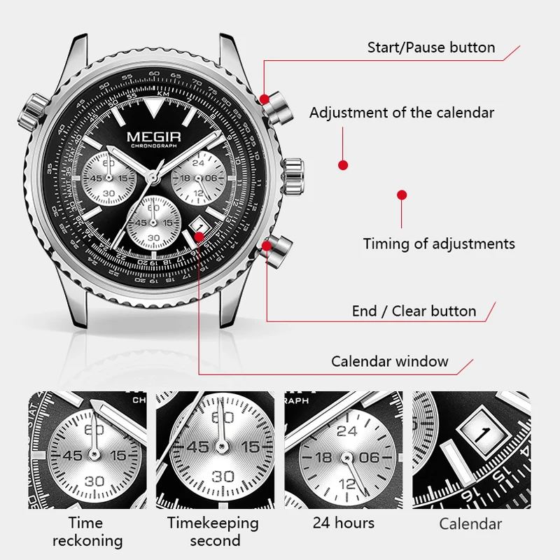 MEGIR Brand Original Luxury Fashion Watch for Men Business Siliconer with Luminous Calendar Chronograph Quartz Strap Wristswatch