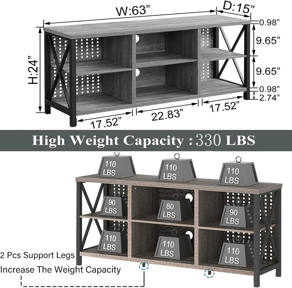 حامل تلفزيون لتلفزيون 75 بوصة، مركز ترفيه خشبي ريفي، حامل وسائط معدني صناعي مع مساحة تخزين، بلوط رمادي فاتح، 63 بوصة #2