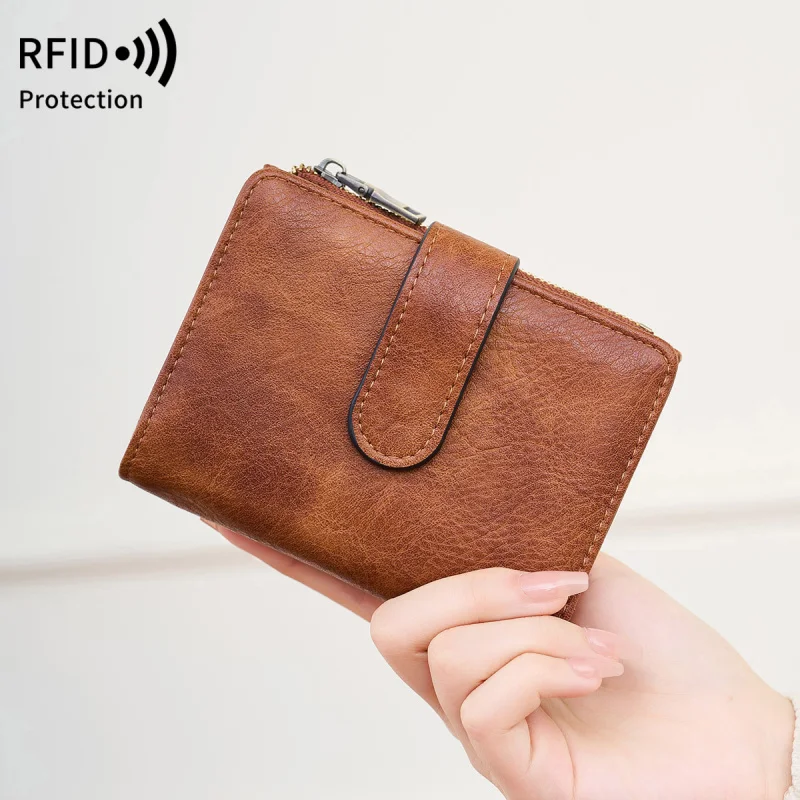 Western  RFID Blocking PU Leather Leopard Short Women Wallet Large Capacity Multi Card Slots Coin Purse for Ladies