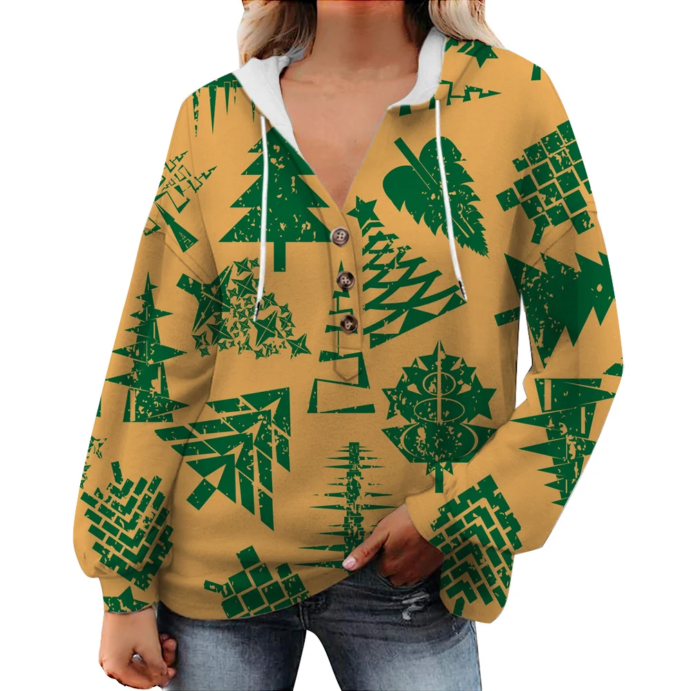 CLOOCL-Sudadera con capucha de manga larga para mujer, Jersey holgado informal con botones, cuello en V, de gran tamaño, para árbol de Navidad