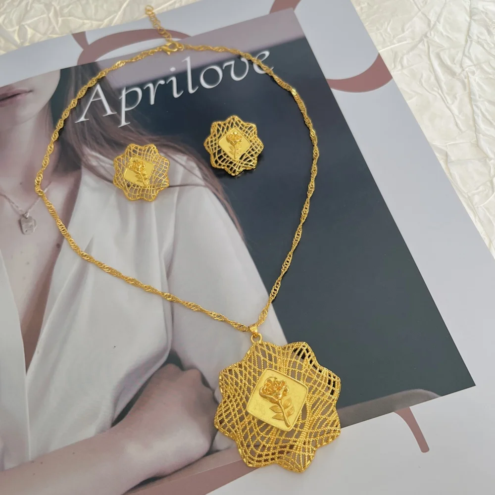 

3PCS Nigerian Jewelery Set Wedding Jewelry For Women Dubai 24K Gold Color Jewlery African Designer Earrings Bridal Necklace